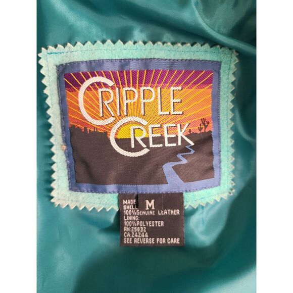 Vtg Cripple Creek Western Boho Fringe Leather Jacket MEDIUM Cowgirl Rodeo Blue M - Picture 2 of 9